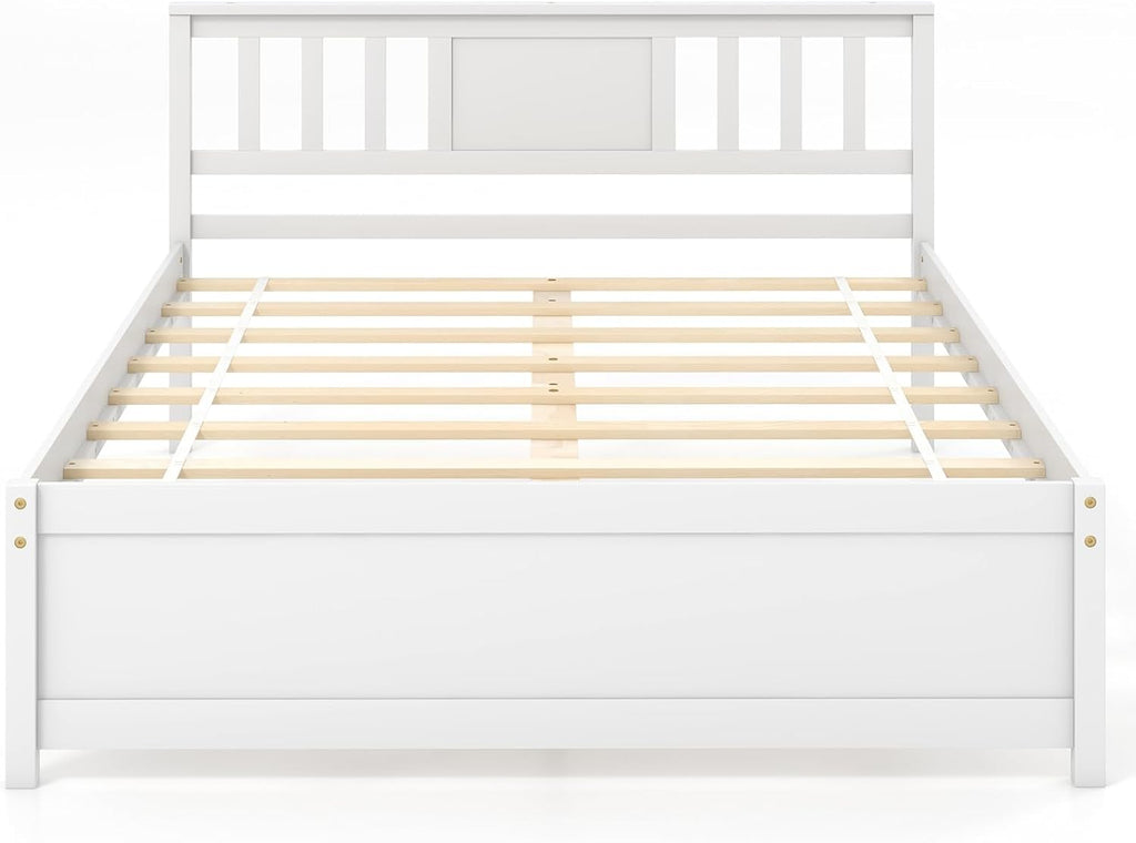 Giantex Full Size Solid Wood Platform Bed Frame, Mid Century Full Bed Frame with Headboard, Wood Slat Support, Double Panel Bed, No Box Spring Needed, Easy Assembly, White