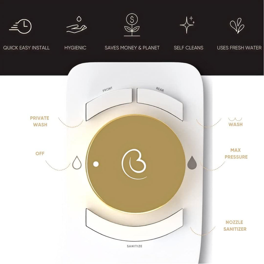 Revolution. Bidet attachment for toilet. Luxury design, bathroom bidet sprayer for toilet, auto shut off, non electric, dual nozzle, feminine wash, self cleaning. Jerusalem Gold and white.