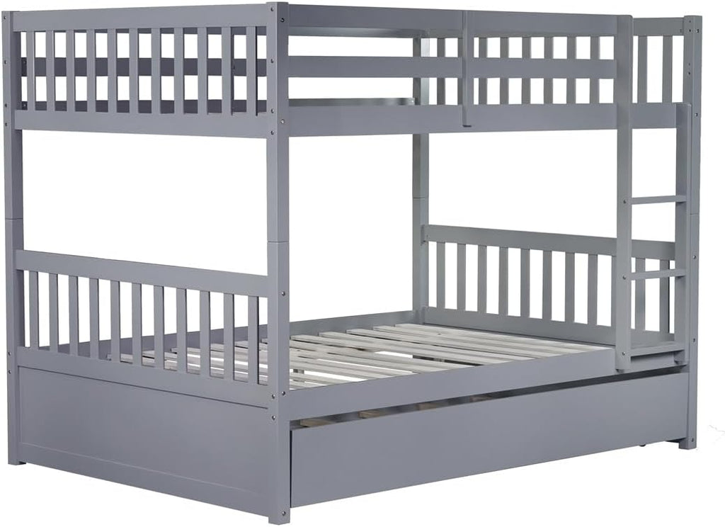 Harper & Bright Designs Full Over Full Bunk Bed with Twin Size Trundle, Separatable 2 Beds in 1, Wooden Bed Frame with Ladder, Grey