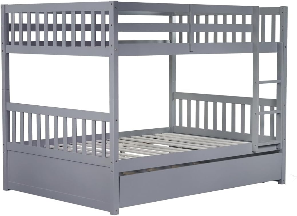 Harper & Bright Designs Full Over Full Bunk Bed with Twin Size Trundle, Separatable 2 Beds in 1, Wooden Bed Frame with Ladder, Grey