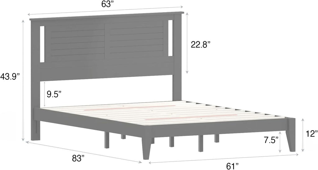ComfIQ Solid Wood Platform Bed with Wooden Slats – Durable Frame, No Box Spring Required, Ample Underbed Storage, Black, Queen, Bed and Horizontal Slat Headboard