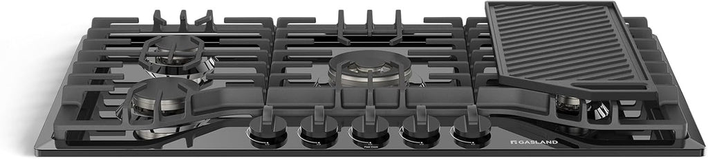 GASLAND Gas Cooktop 36 Inch with Griddle, 5 Burner Propane Stovetop with Reversible Cast Iron Grill/Griddle, Gas Countertop Plug-in, NG/LPG Convertible Cooktops, Black