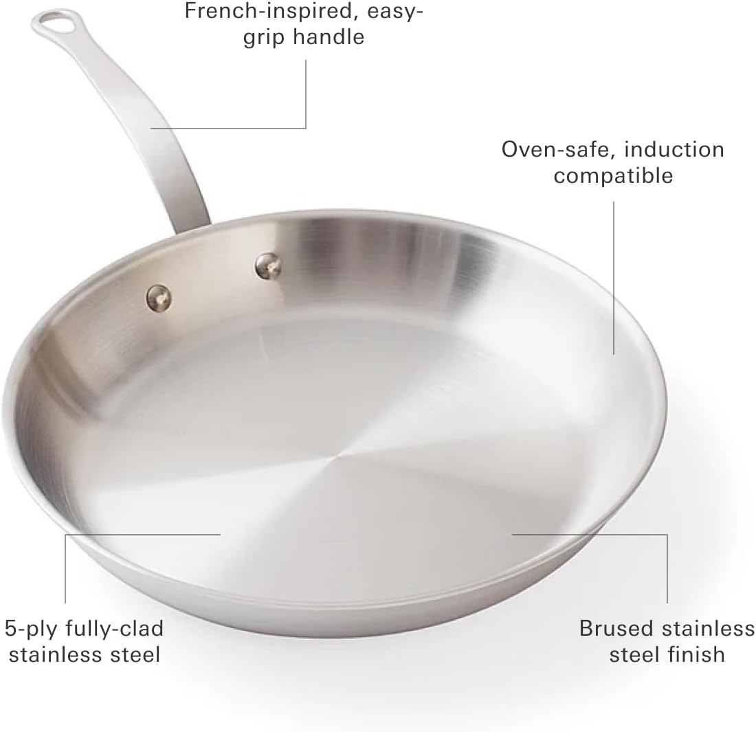 Sardel Daniel Boulud Kitchen 12' Stainless Steel Frying Pan – French-Inspired Skillet with Heat Resistant Handle, 5-Ply Clad, Induction & Oven Safe, Professional Cookware