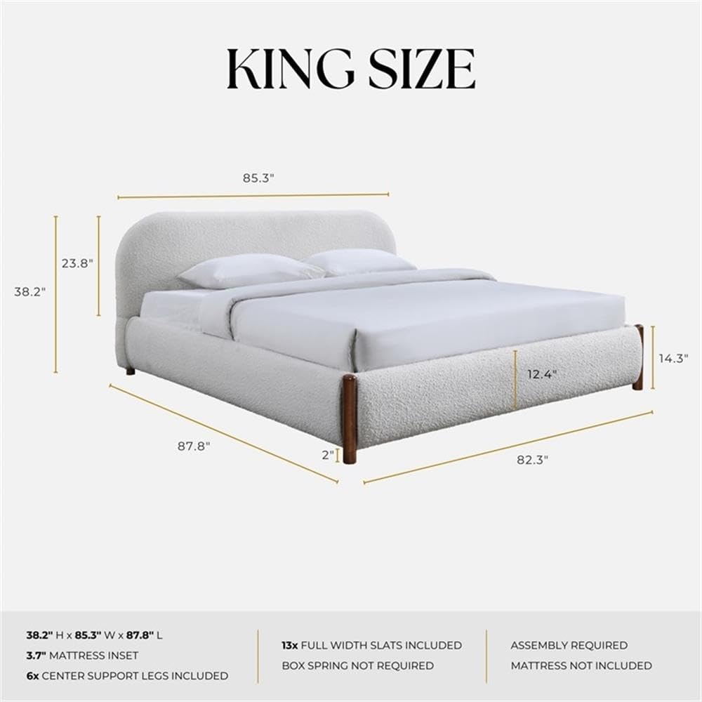 Pemberly Row Upholstered Platform King Bed, White Cream Bouclé Fabric, Solid Wood Legs, Durable Slat Base, No Box Spring Required, Modern Design, 38.2' H x 85.3' W x 87.8' D, Cozy Bedroom Furniture