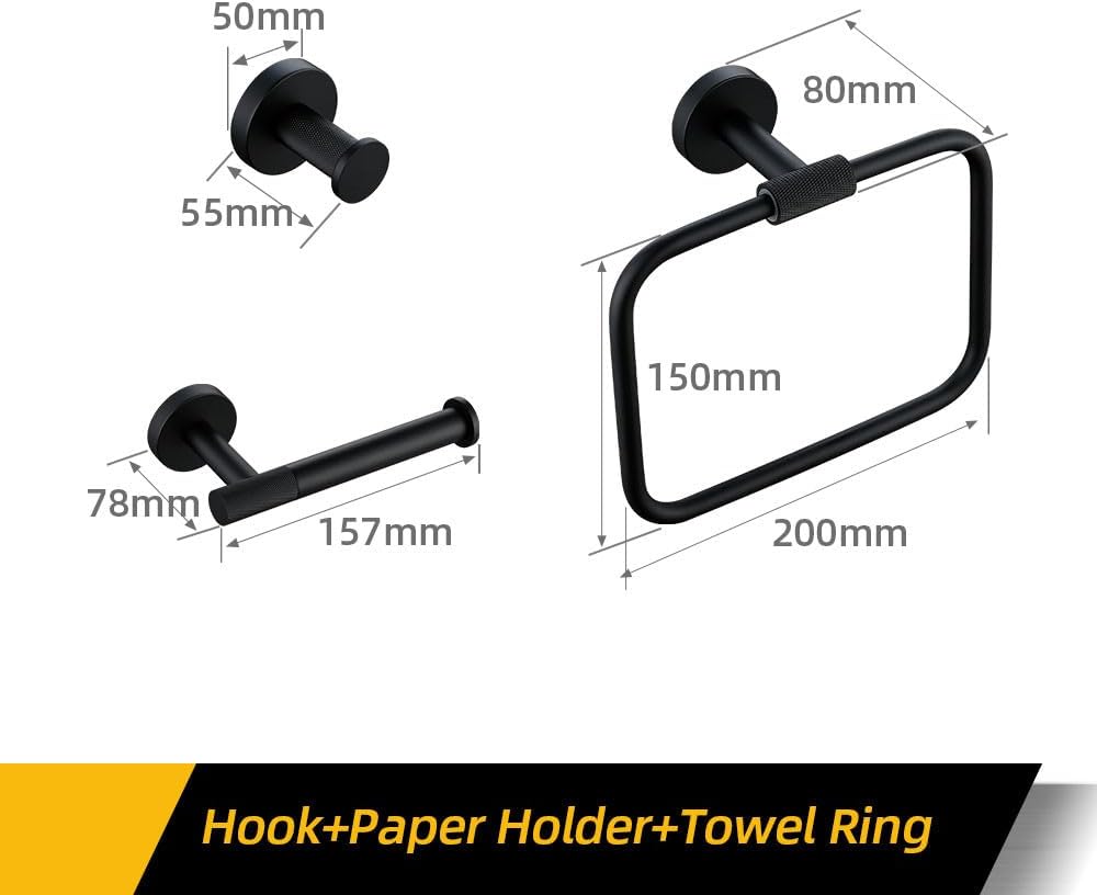 Matte Black Bathroom Accessories Set with Towel Bar Robe Hook Shelf and Ring Stylish Brass Knur Hardware for Towels Paper and Tissues