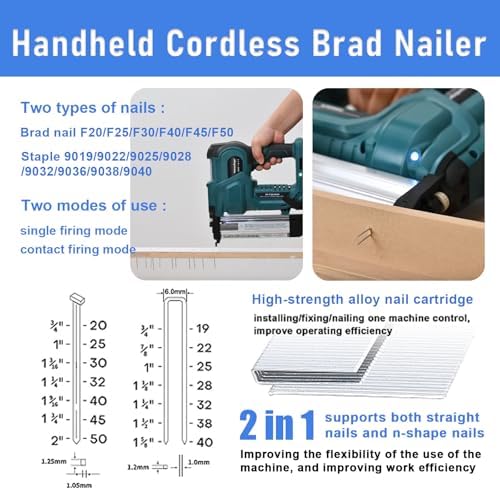 Cordless Brad Nailer for Wood & Fabric - Powerful Punching Nailer with Auxiliary Lighting, Uses 32mm Staples & 50mm Straight Nails, Ideal for Cardboard & Leather Projects