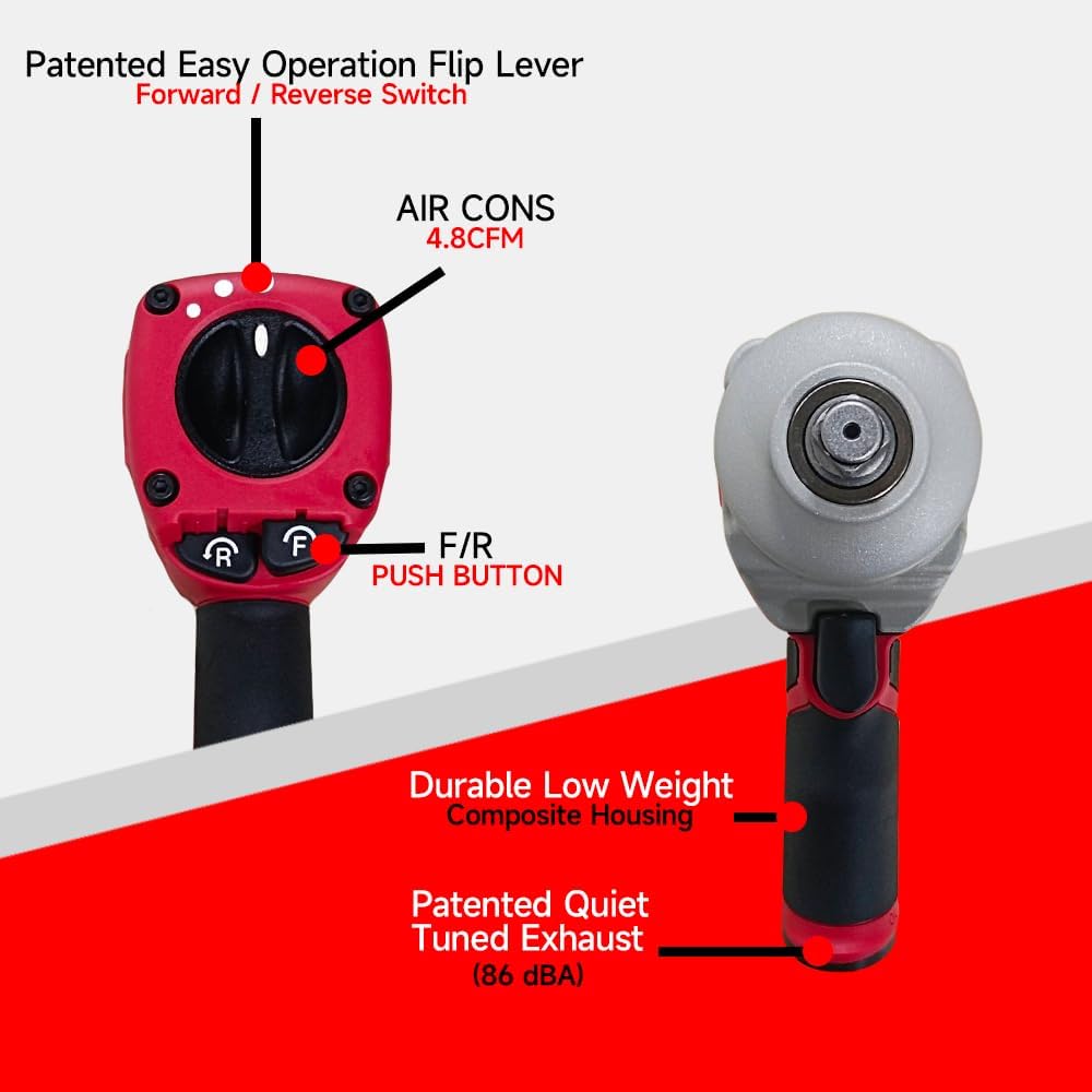 1/2' Composite Air Impact Wrench, One-Handed Push Button F/R Control, 830 ft-lbs Max Torque, Lightweight Pneumatic Gun for Tire Change & Auto Repair