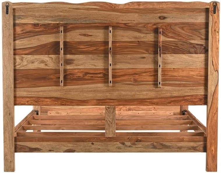 Pemberly Row Modern Live Edge Solid Wood King Panel Bed, Brown Finish, 63' H x 80' W x 86.5' D, Sheesham Wood, Natural Grain, Sturdy Design, Requires Box Spring, Bedroom Furniture