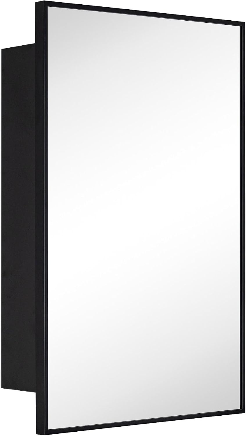 TEHOME 17.5'' x 29'' Black Recessed and Surface Mount Bathroom Medicine Cabinet with Mirror Matt Black Square Cornered Metal Framed Rounded Rectangle Medicine Cabinet Mirror