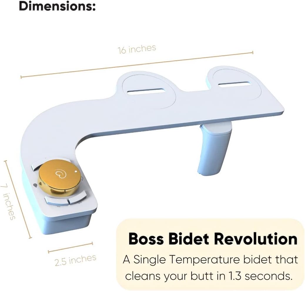 Revolution. Bidet attachment for toilet. Luxury design, bathroom bidet sprayer for toilet, auto shut off, non electric, dual nozzle, feminine wash, self cleaning. Jerusalem Gold and white.