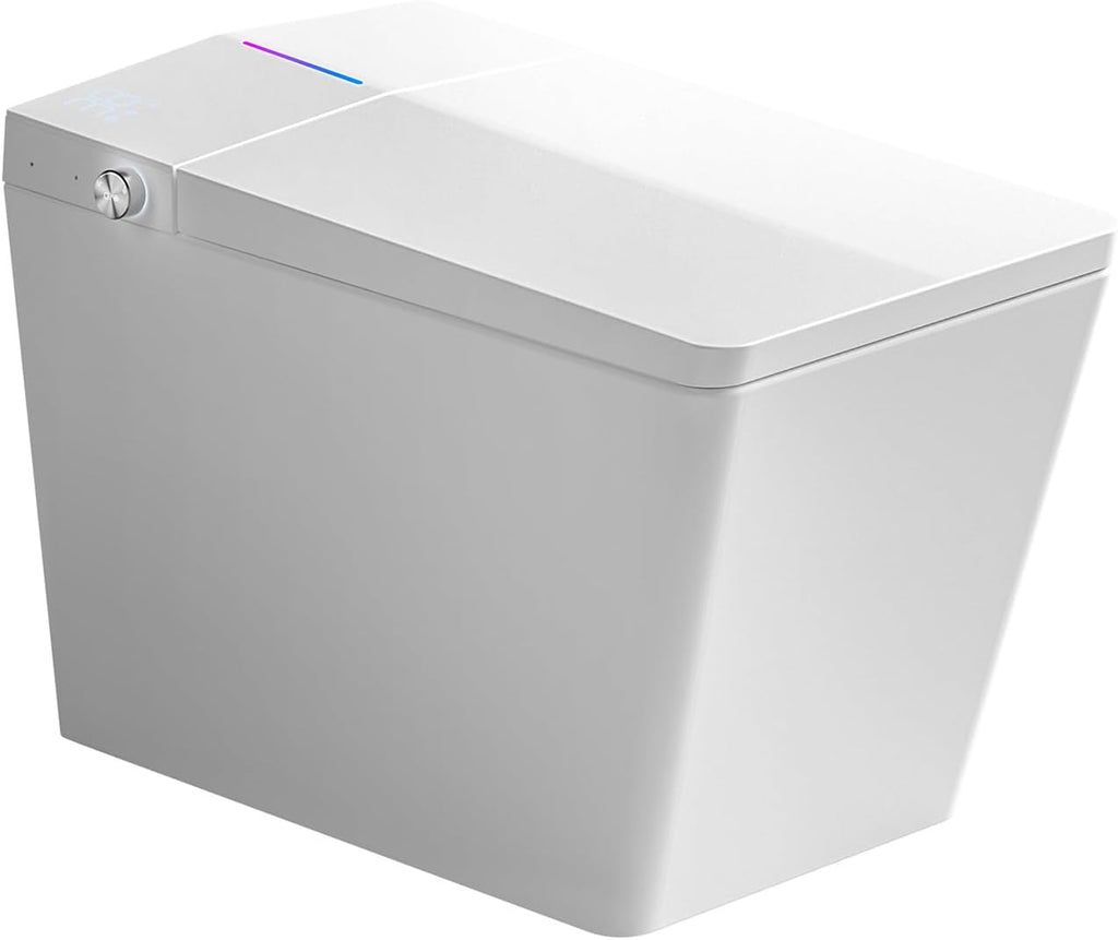 Square Smart Bidet Toilet with Built-In Tank for Bathroom, Remote Control, Foot Touching Lid Opening, Auto Flush, Heated Seat, LED Digital Display, User Memory, White