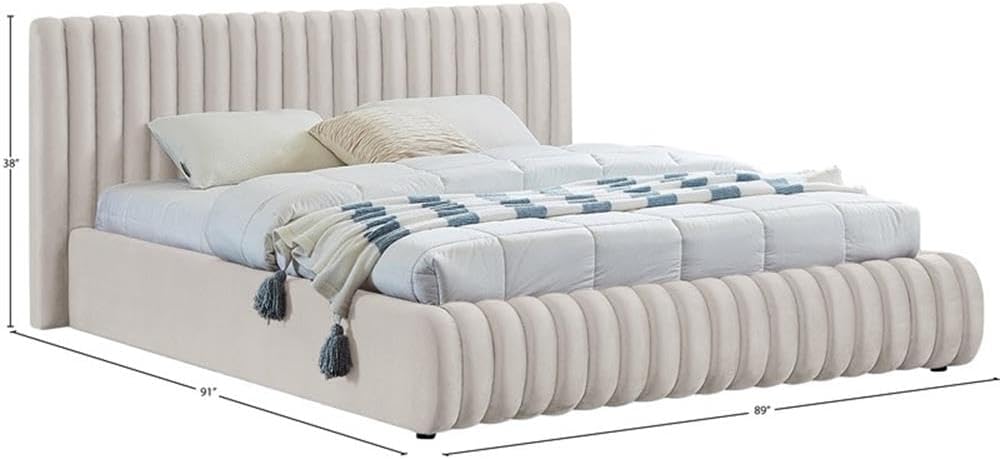 Meridian Furniture NicoCream-K Nico Collection Modern | Contemporary Velvet Upholstered King Bed with Rich Cream Velvet and Deep Channel Tufting, 89' W x 91' D x 38' H, Cream, King