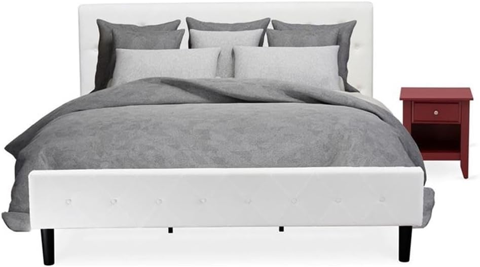 East West Furniture NL19K-1GA13 2 Piece King Size Bedroom Set - Button Tufted Wooden Bed Frame - Linen white Velvet Fabric Upholstered Headboard and a Burgundy Finish Nightstand