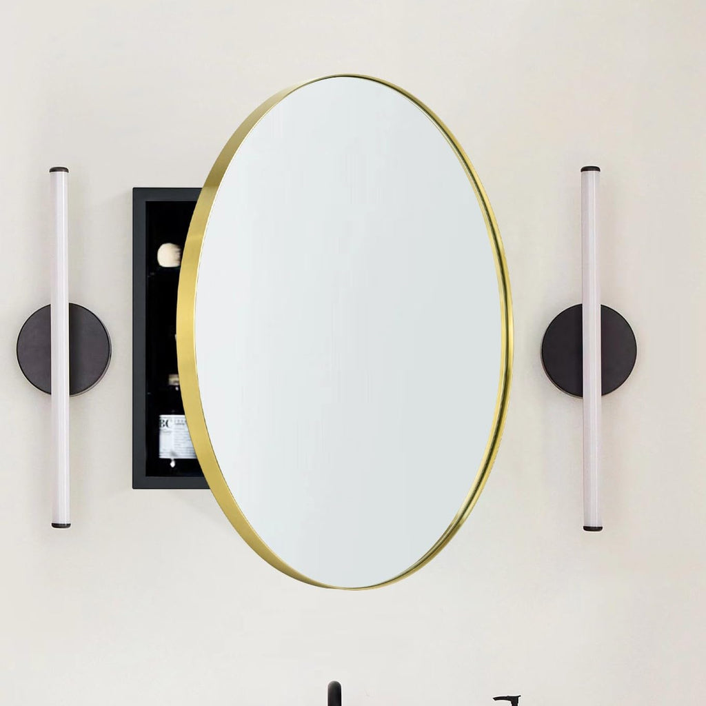 Surface Mount Brushed Gold Round CircleBathroom Medicine Cabinet with Mirror Circlular Shaped Stainless Steel Metal Framed Medicine Cabinets Bathroom Cabinet with Mirror 24'' Diameter