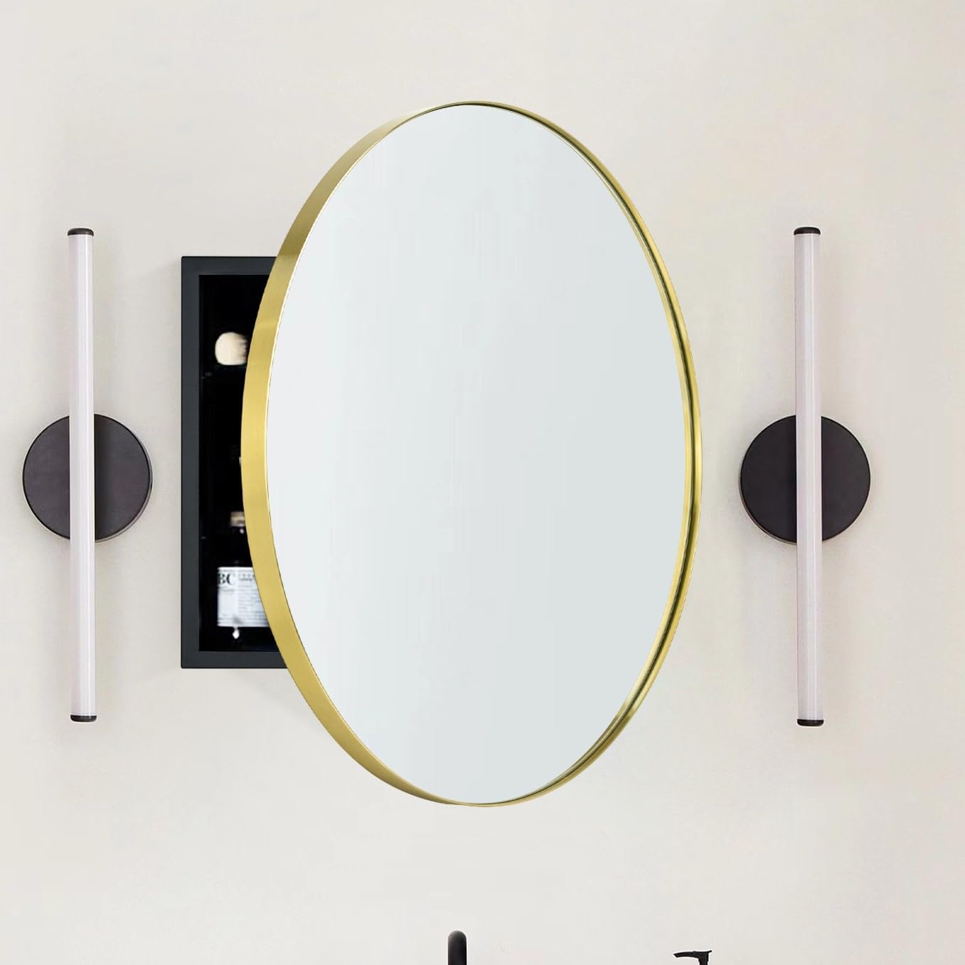 Surface Mount Brushed Gold Round CircleBathroom Medicine Cabinet with Mirror Circlular Shaped Stainless Steel Metal Framed Medicine Cabinets Bathroom Cabinet with Mirror 24'' Diameter