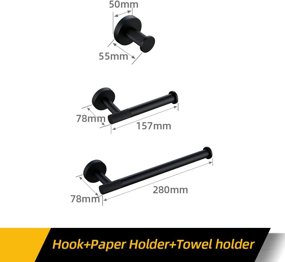 Modern Matte Black Bathroom Accessories Set with Towel Bar Bath Robe Hook Brass Knur Bathroom Hardware Set Including Shelf for Towels and Paper Tissue Holder