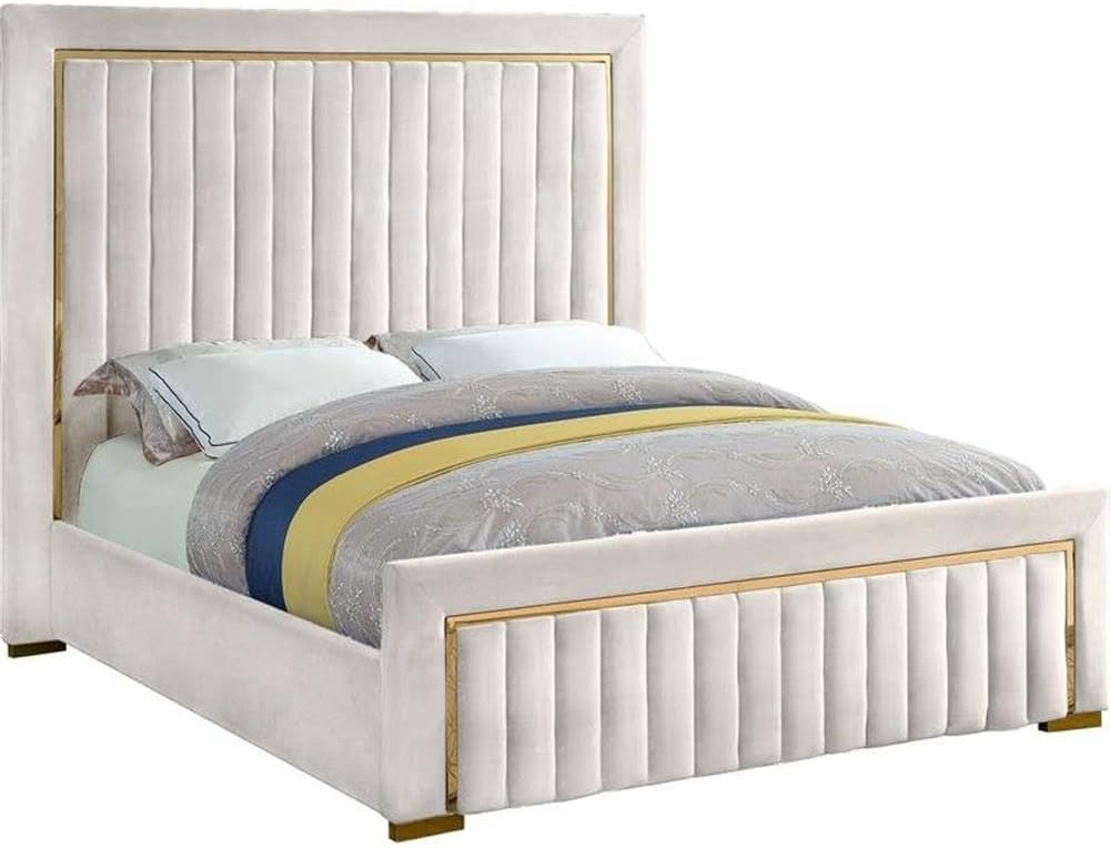 Meridian Furniture Dolce Collection Modern | Contemporary Velvet Upholstered Bed with Luxurious Channel Tufting and Gold Metal Trim/Legs, King, Cream