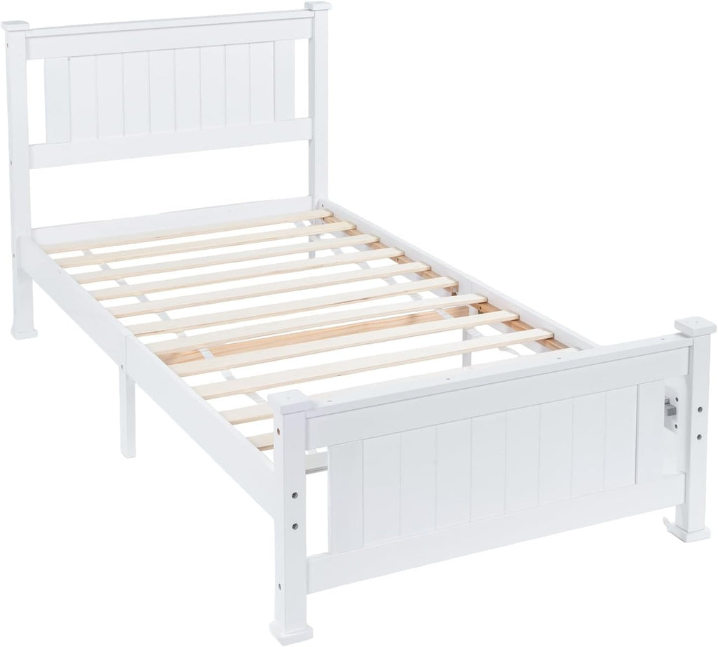 VINGLI Twin Bed Frame Set of 2 Solid Wood Platform Bed Frame, Single Bed with Headboard, No Box Spring Needed Panel Bed, Wood Slat Support Mattress Foundation, White