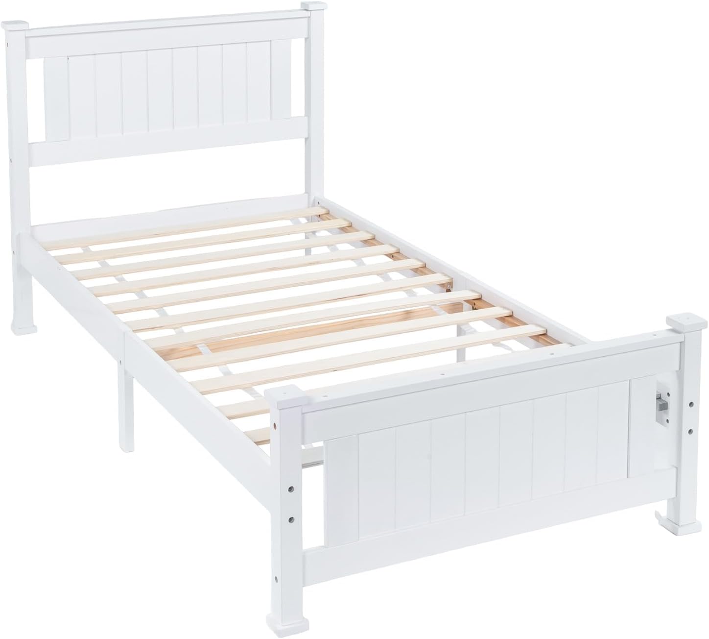 VINGLI Twin Bed Frame Set of 2 Solid Wood Platform Bed Frame, Single Bed with Headboard, No Box Spring Needed Panel Bed, Wood Slat Support Mattress Foundation, White