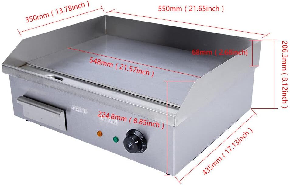 Commercial Griddle, 110V Electric Flat Top Grill, Non-Stick Countertop Griddle, Restaurant Stainless Steel Grill, Adjustable Temperature Control