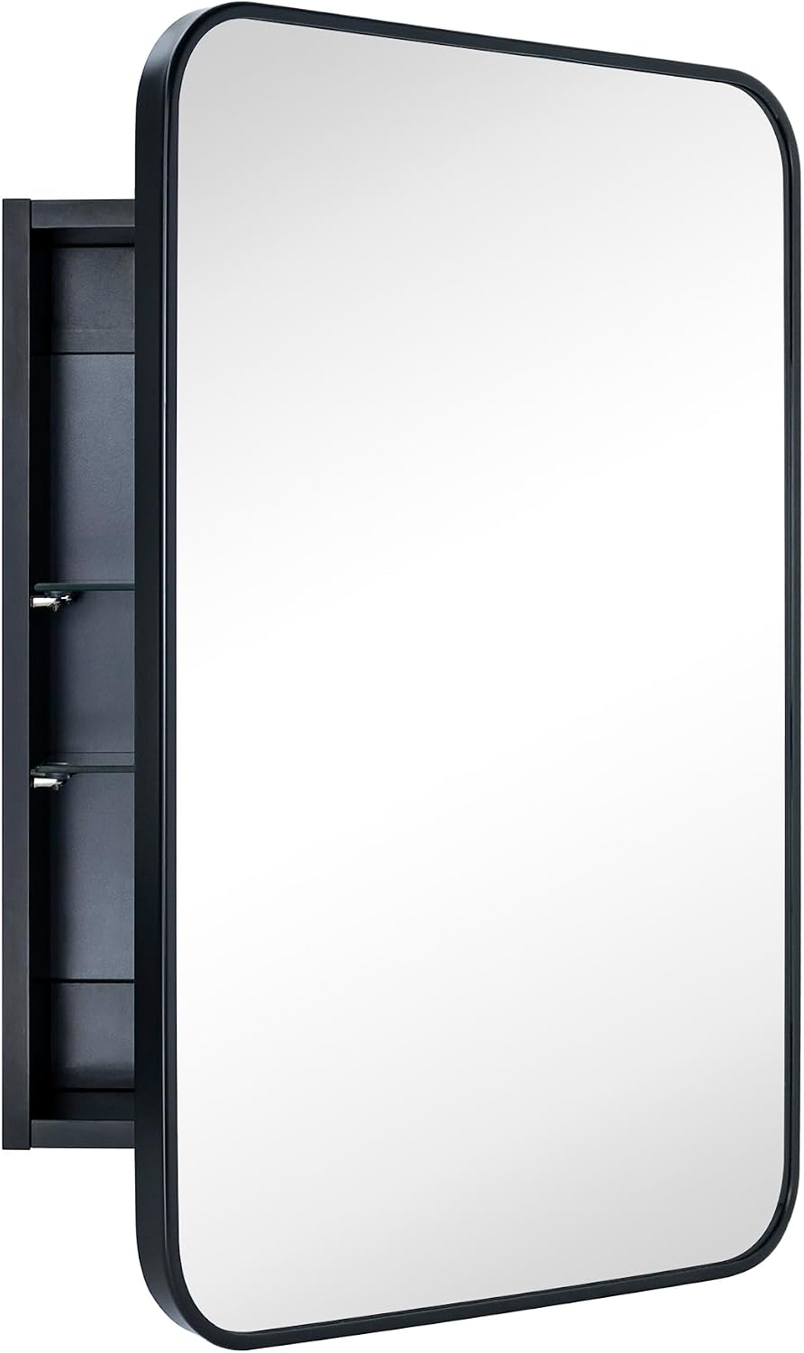 GRACTO 16.5x24 Black Recessed and Surface Mount Bathroom Medicine Cabinet with Mirror Matt Black Metal Framed Rounded Rectangle Medicine Cabinet