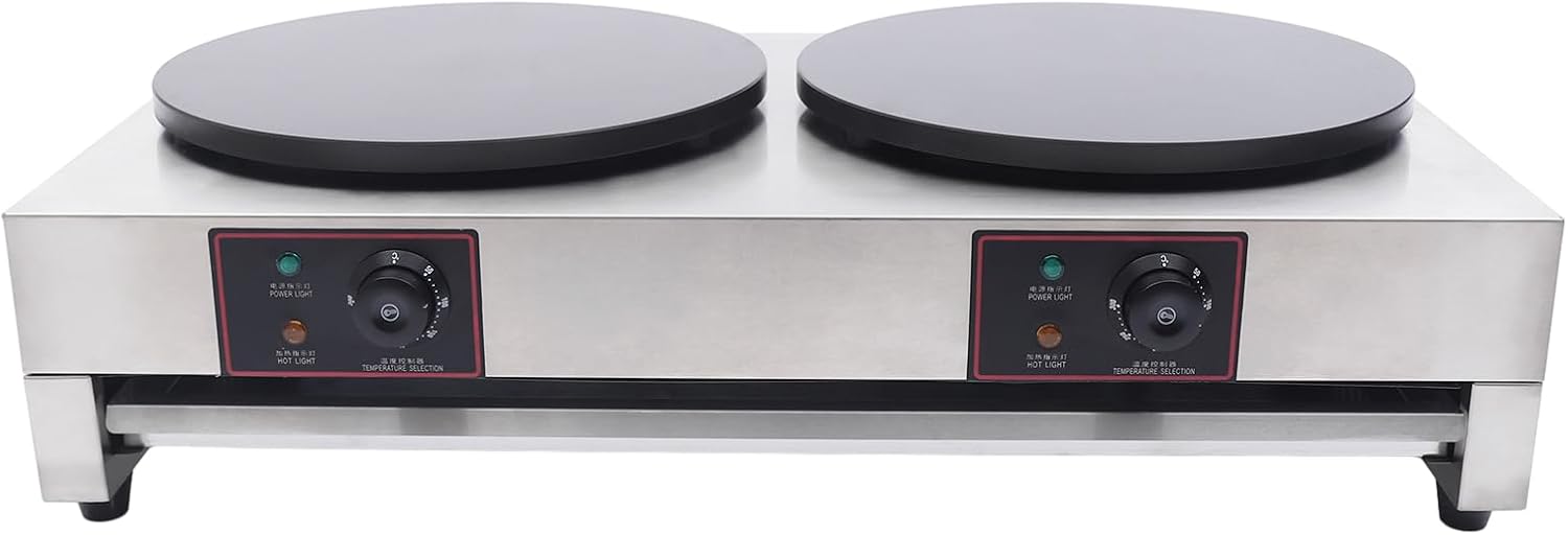 Commercial 2-Burner 15.75 ' Electric Griddle & Crepe Maker Machine Electric Crepe Maker with Adjustable Temperature forof crepes, pancakes, etc. ,Non-Stick Crepe Pan & Spatula