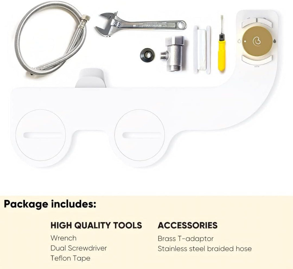 Revolution. Bidet attachment for toilet. Luxury design, bathroom bidet sprayer for toilet, auto shut off, non electric, dual nozzle, feminine wash, self cleaning. Jerusalem Gold and white.