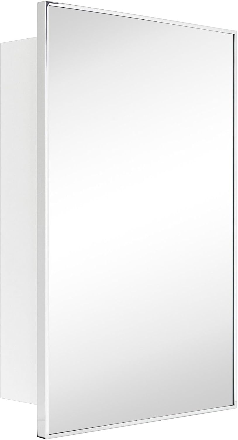TEHOME 24'' x 30'' Chrome Recessed and Surface Mount Bathroom Medicine Cabinet with Mirror Square Cornered Metal Framed Rounded Rectangle Medicine Cabinet Mirror