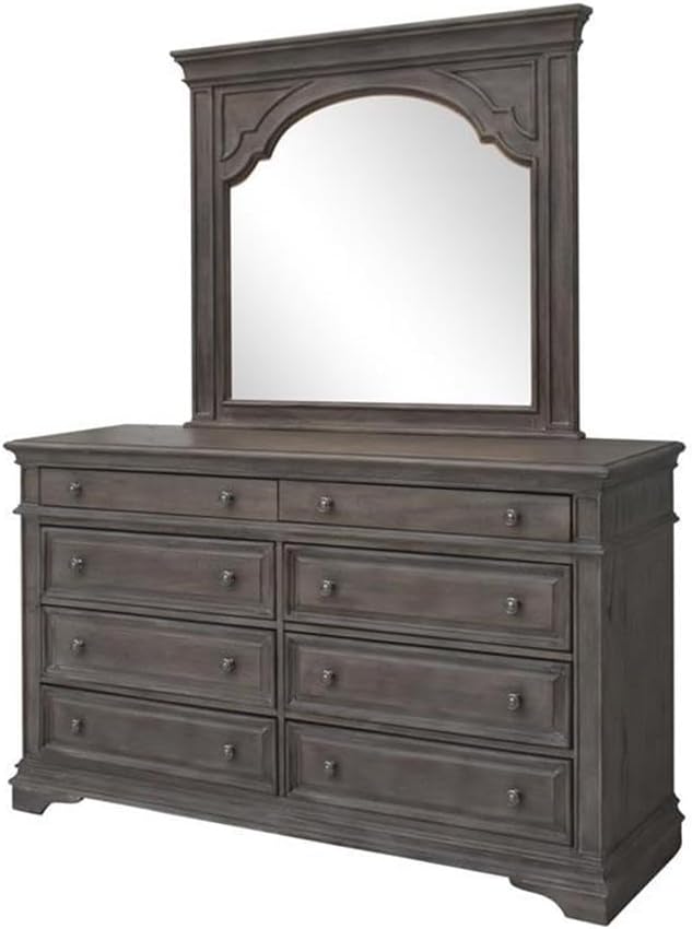 Pemberly Row King Panel Bed, Driftwood Gray Wood Frame, Upholstered Button Tufted Cream Fabric Headboard, Distressed Finish, Hardwood Solids and Veneers, Classic Bedroom Furniture, Requires Box Spring