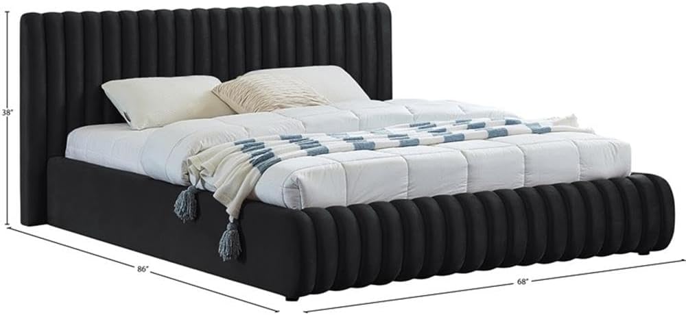 Meridian Furniture NicoBlack-F Nico Collection Modern | Contemporary Velvet Upholstered Full Bed with Rich Black Velvet and Deep Channel Tufting, 68' W x 86' D x 38' H, Black, Full