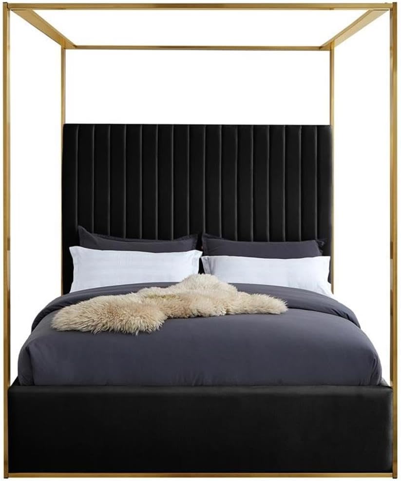 Meridian Furniture JonesBlack-K Jones Collection Modern | Contemporary Upholstered King Bed, Black Velvet, Channel Tufting, Brushed Brass Frame, 82.5' W x 86.5' D x 79' H, Black, King