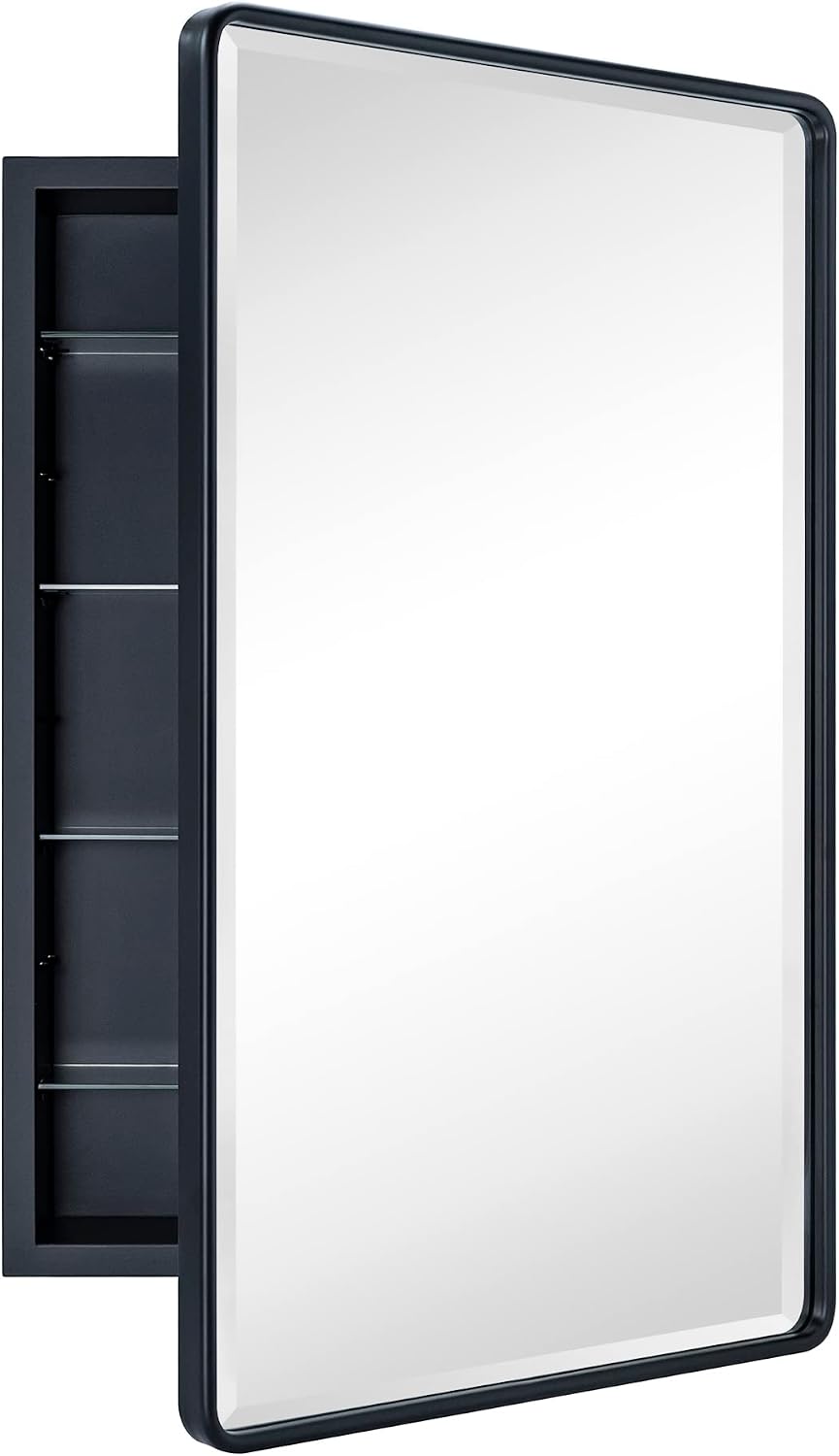 TEHOME Farmhouse Matt Black Recessed Bathroom Medicine Cabinet with Mirror Rounded Rectangle Metal Framed Medicine Cabinet with Beveled Mirror 20x30''