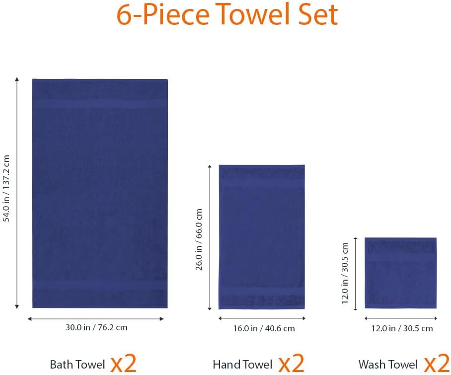 Amazon Basics 6-Piece Fade-Resistant 100% Cotton Towel Set, Soft and Absorbent, 2 BathTowels, 2 HandTowels, 2 Washcloths, Navy Blue (Pack of 6)