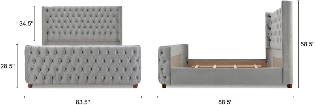 Jennifer Taylor Home Harmonie King Tufted Panel Bed Headboard and Footboard Set, Opal Grey Velvet