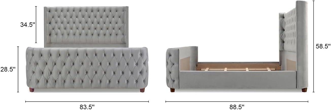 Jennifer Taylor Home Harmonie King Tufted Panel Bed Headboard and Footboard Set, Opal Grey Velvet