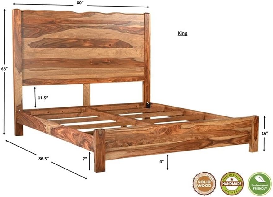 Pemberly Row Modern Live Edge Solid Wood King Panel Bed, Brown Finish, 63' H x 80' W x 86.5' D, Sheesham Wood, Natural Grain, Sturdy Design, Requires Box Spring, Bedroom Furniture