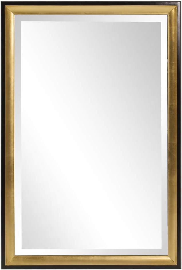 Howard Elliott Collection Cagney rectangular wall mirror with black and gold leaf finish, wall-mounted accent vanity mirror for living room, entryway, or bedroom décor, measuring 36 x 24 inches