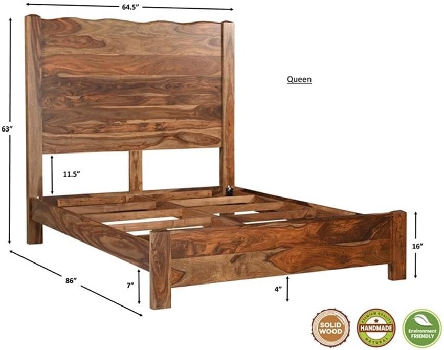 Pemberly Row Queen Panel Bed, Solid Sheesham Wood, Brown Finish, Live Edge Design, 63' H x 64.5' W x 86' D, Durable Wooden Slats, Mid-Century Style, No Mattress, Box Spring Required, Bedroom Furniture