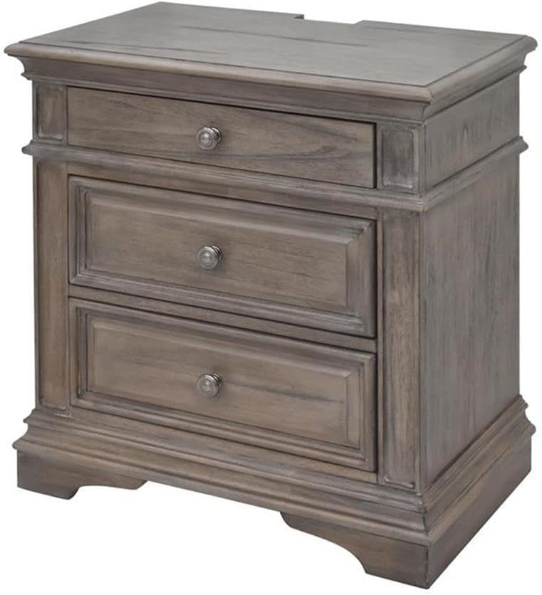 Pemberly Row King Panel Bed, Driftwood Gray Wood Frame, Upholstered Button Tufted Cream Fabric Headboard, Distressed Finish, Hardwood Solids and Veneers, Classic Bedroom Furniture, Requires Box Spring