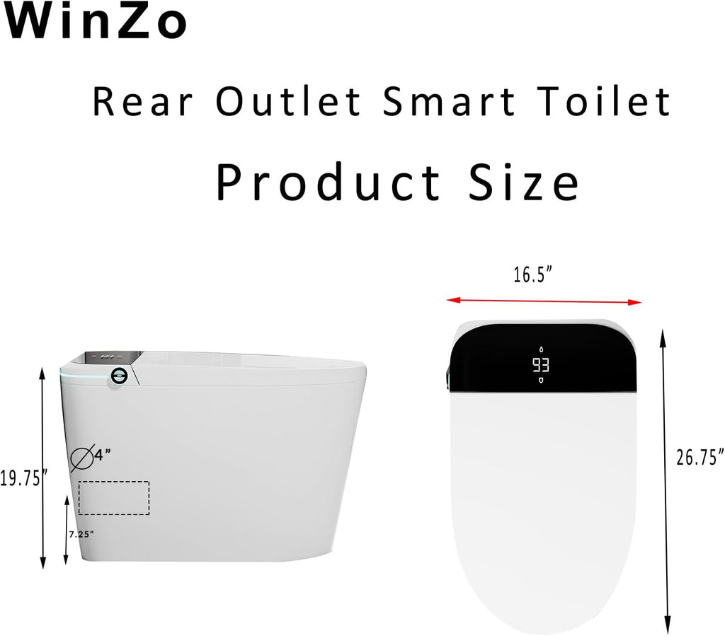 WinZo Rear Outlet Smart Toilet With Bidet Seat, Auto Open & Close, Auto Flush, Heated Seat, Warm Water and Dryer, Night Light, Side Knob, White with Black Panel