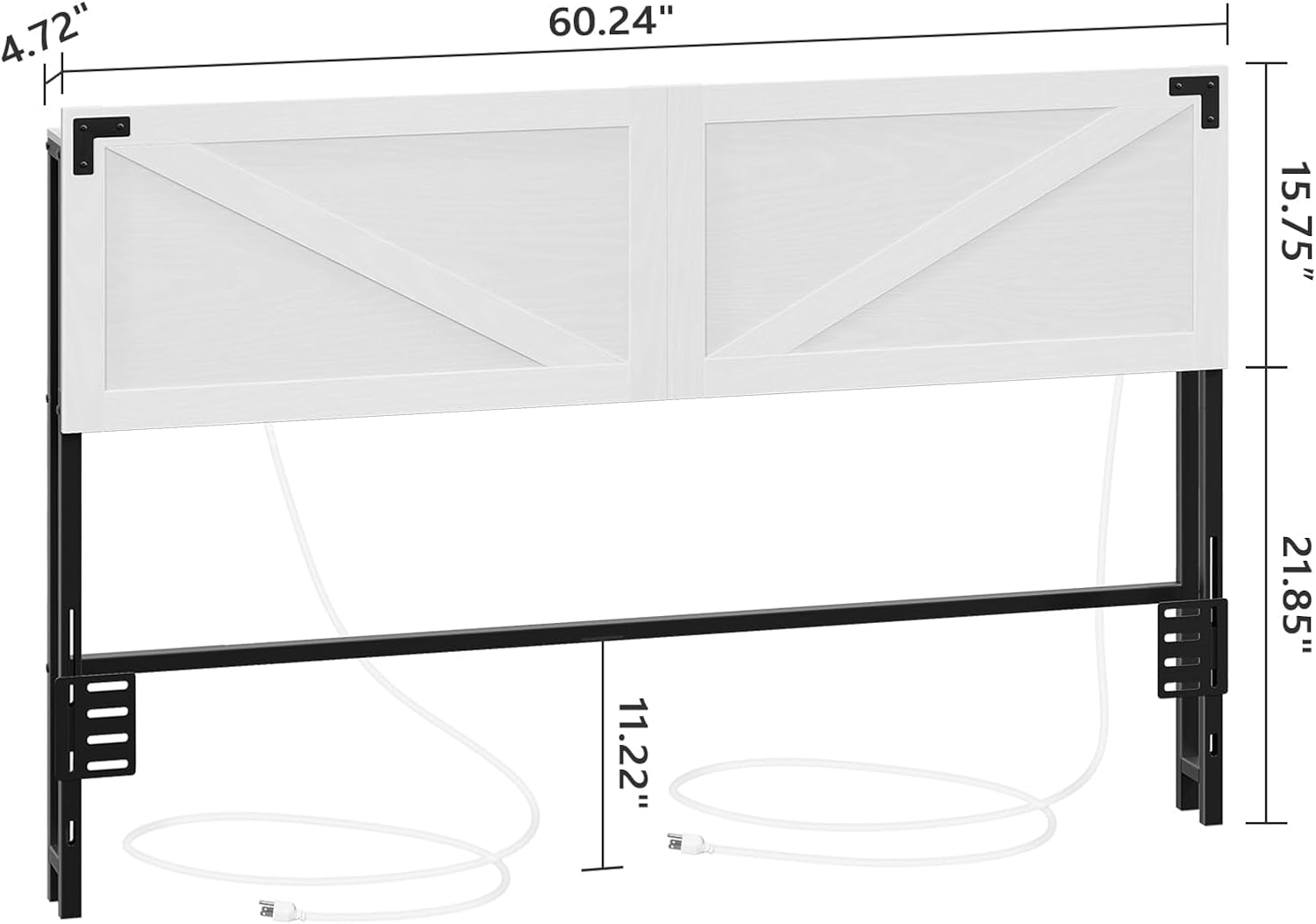 MAHANCRIS Queen Size Headboard Only, Headboard with 2 Outlets and 2 USB Ports, Farmhouse Headboard, with LED Lights, Secure Storage with Raised Fence, with Bed Frame Adapter, White and Black