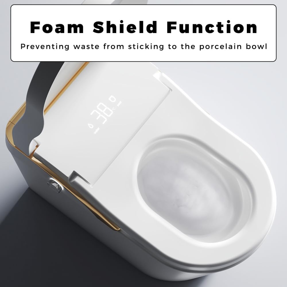 Smart Toilet with Bidet, Auto Flush, Auto Open/Close, Heated Seat, Warm Water Dryer, and Foam Shield Function in White - Modern Bathroom Technology