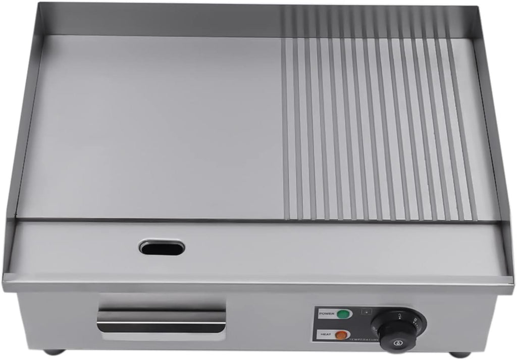 Commercial Countertop Grill 110V 1600W Electric Flat Top Griddle Grill 21.7'x13.8' Flat & Fluted Stainless Steel Flat Top Teppanyaki Griddle Nonstick BBQ Grill Temperature Range 122-572°F