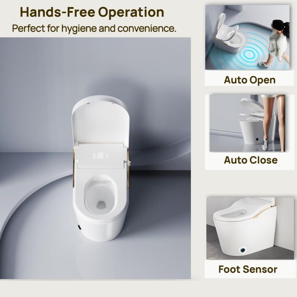 Smart Toilet with Bidet, Auto Flush, Auto Open/Close, Heated Seat, Warm Water Dryer, and Foam Shield Function in White - Modern Bathroom Technology