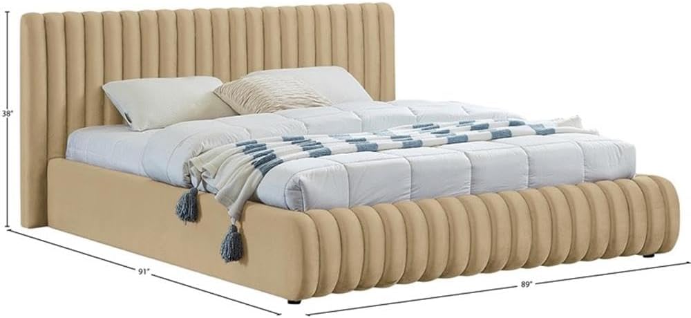 Meridian Furniture NicoCamel-K Nico Collection Modern | Contemporary Velvet Upholstered King Bed with Rich Camel Velvet and Deep Channel Tufting, 89' W x 91' D x 38' H, Camel, King