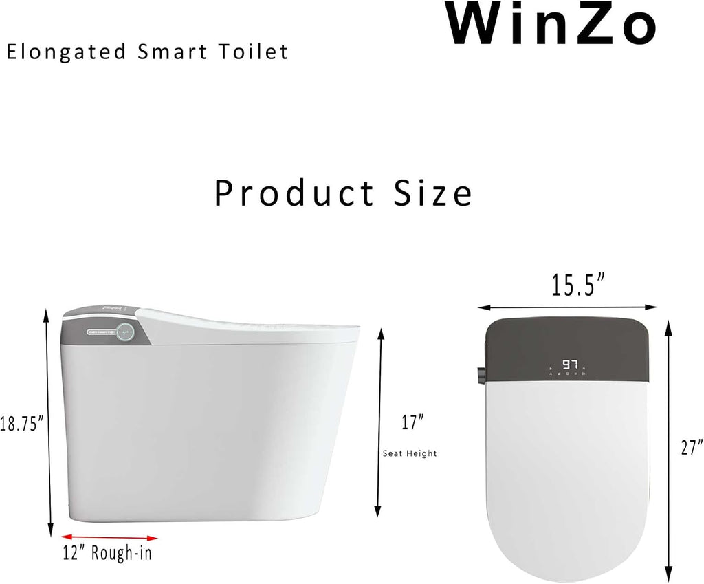 WinZo Elongated Smart Toilet With Bidet Built-in,Auto Open & Flush Auto Soft Close Seat, Hands-Free Adjusted Heated Seat & Warm Air Dyring, White (No Foam Cover Version)