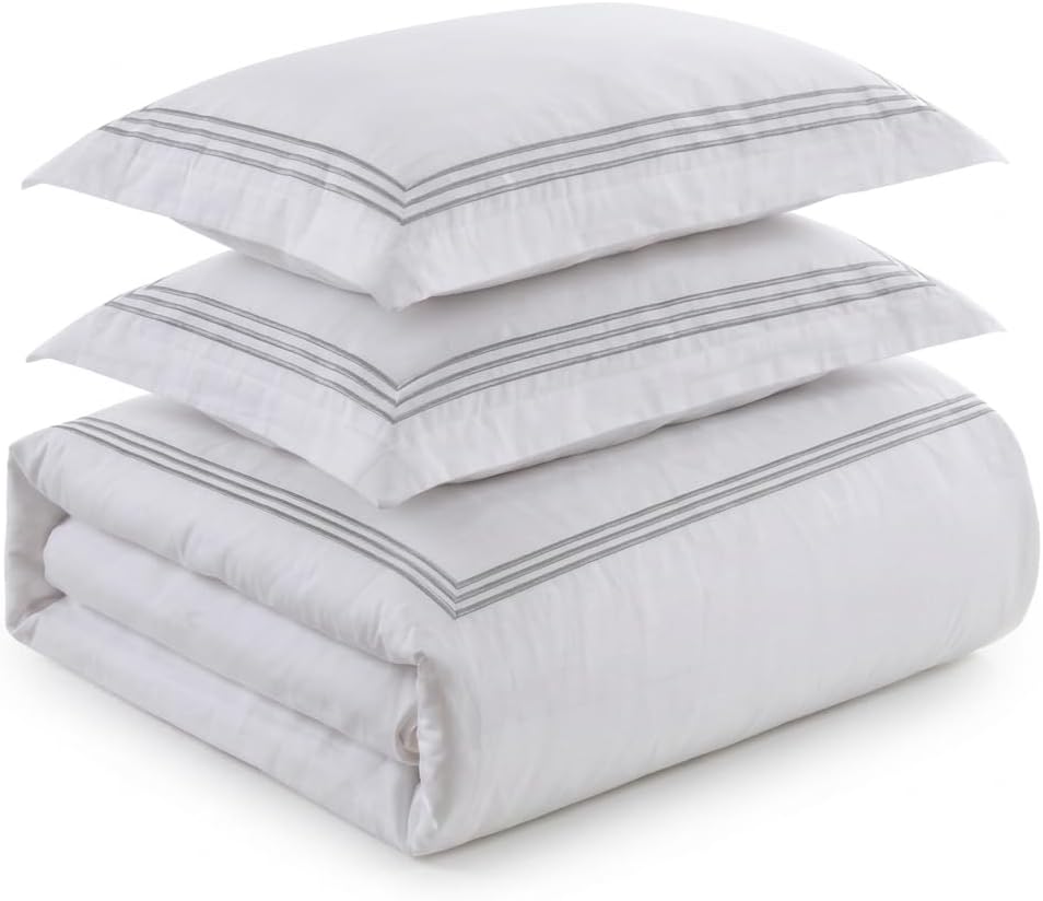 Royal Tradition Percale 3pc Duvet Cover Set (King/Calking, Grey) Adeline Embroidered Comforter Cover with Pillow Shams