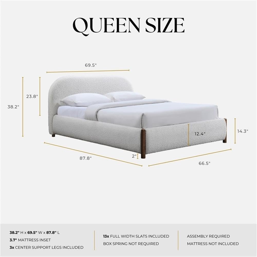 Pemberly Row Upholstered Platform Queen Bed, White Cream Boucle Fabric, Solid Wood Legs, Curved Headboard, Wooden Slat Base, No Box Spring Needed, Modern Bedroom Furniture, 69.5'W x 87.8'D x 38.2'H