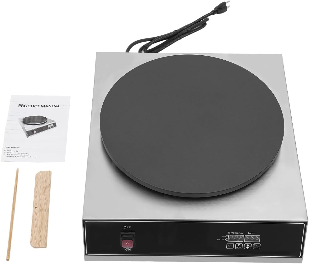 16'' Electric Crepe Maker, 1650W Commercial Stainless Steel Pancake Griddle, Non-Stick Crepe Machine with Adjustable Temperature & Timer