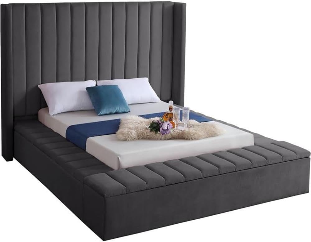Meridian Furniture Kiki Collection Modern | Contemporary Velvet Upholsterd Bed with Channel Tufting, Siderails and Footboard Storage Compartments, Full, Grey